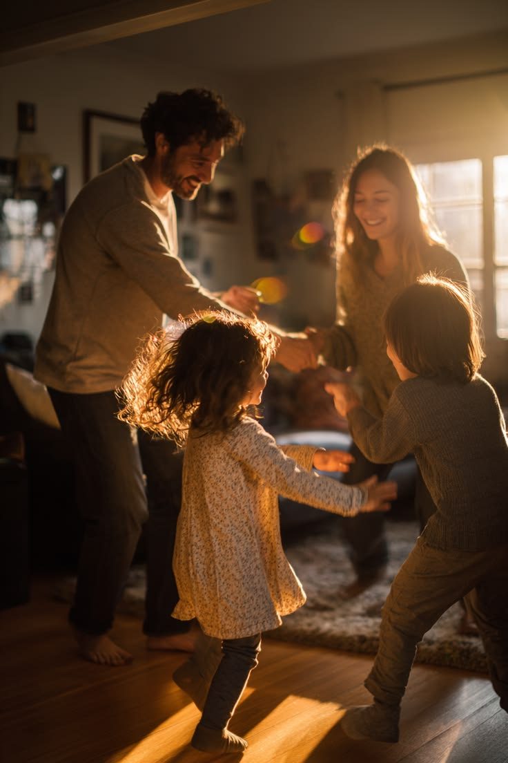 Família num momento de casa, à luz do fim de tarde