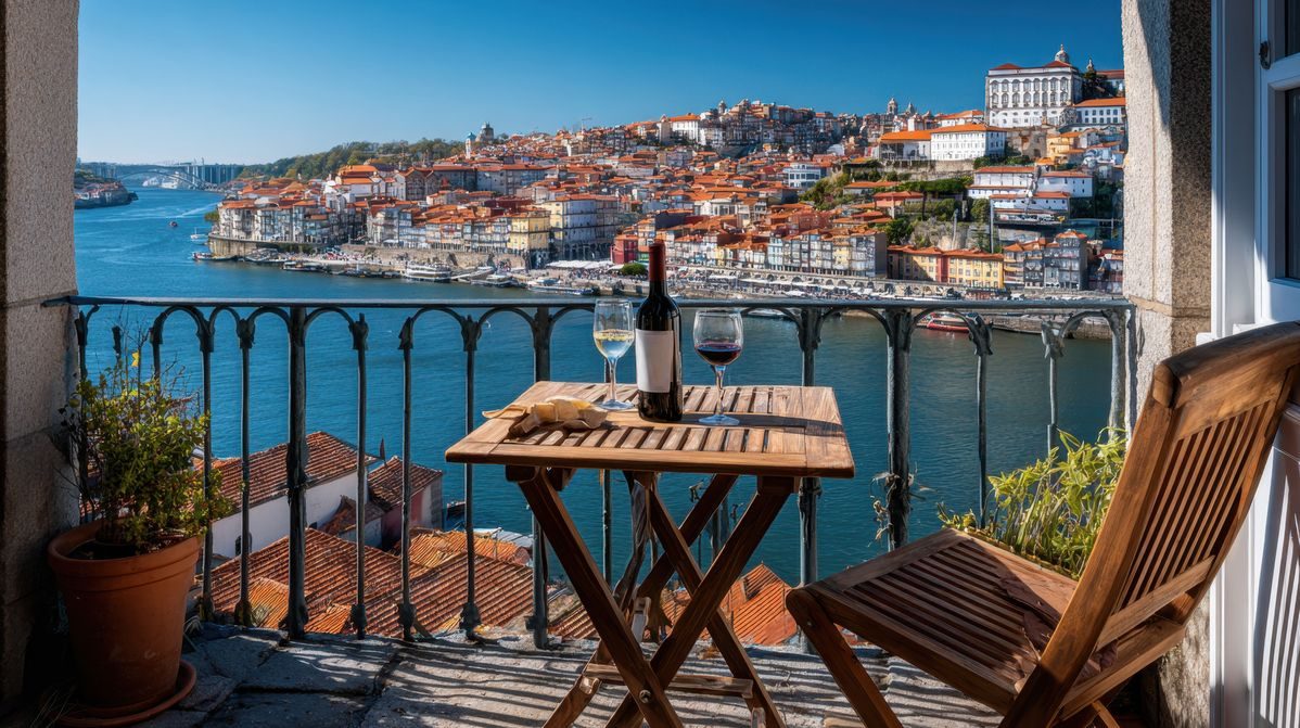Varanda sobre o rio e os telhados do Porto ao sol