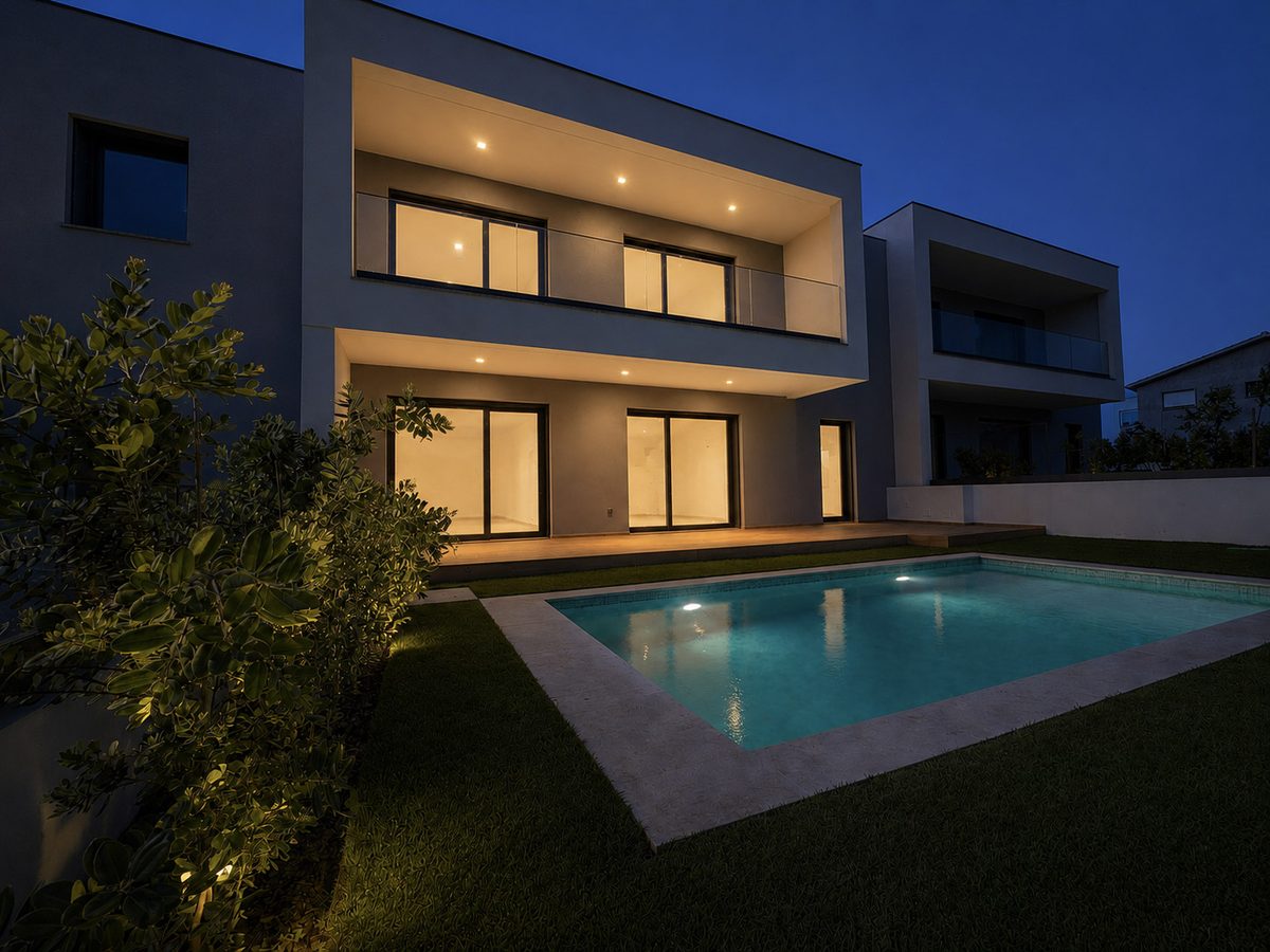 Piscina e jardim privados da Villa 2 ao anoitecer