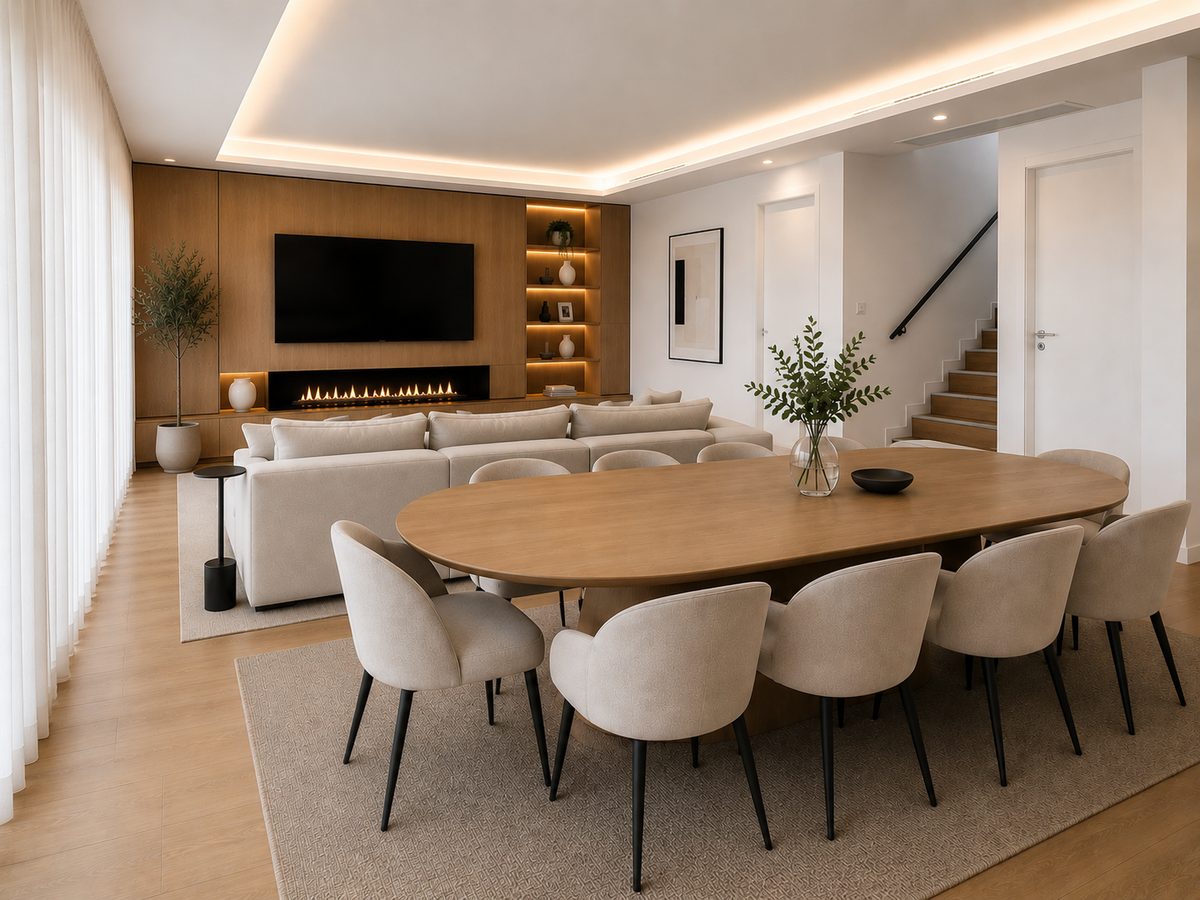 Sala e cozinha em open space com ligação ao jardim (imagem com decoração virtual)