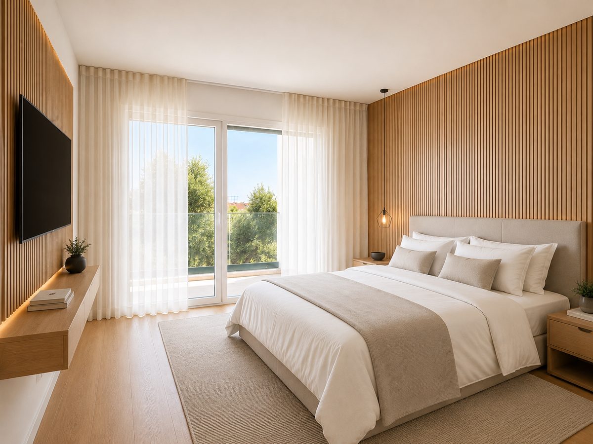 Master suite com closet e varanda privativa (imagem com decoração virtual)