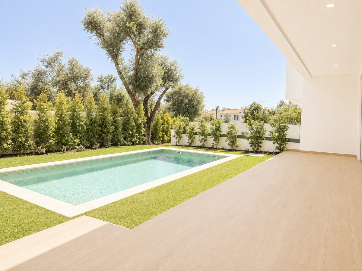 Jardim e piscina privados da moradia à luz do dia